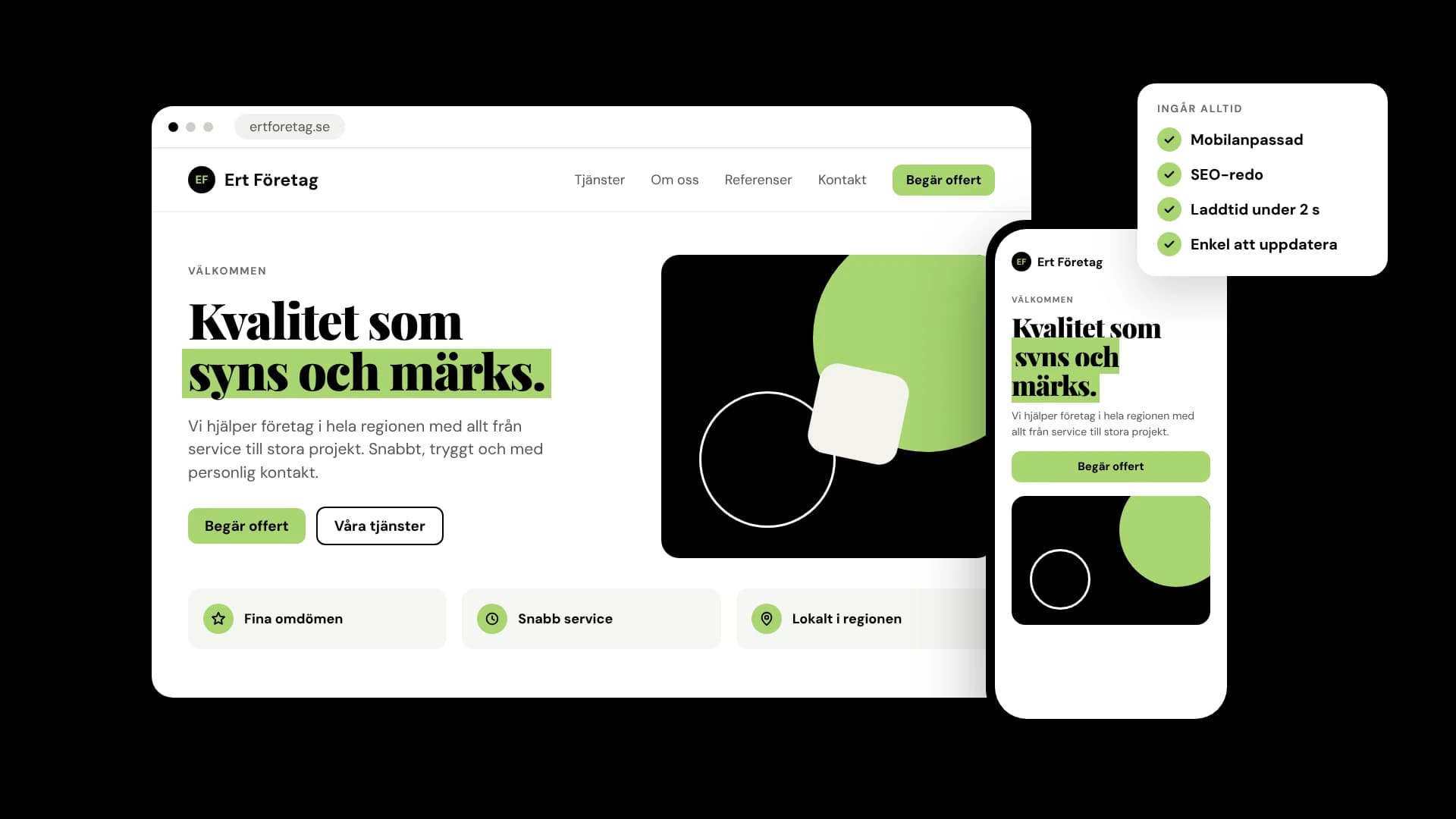 Exempel på en hemsida byggd av JT Media, i mobil och dator