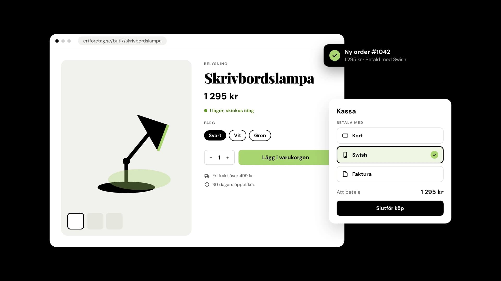 Exempel på en produktsida och kassa med kort, Swish och faktura